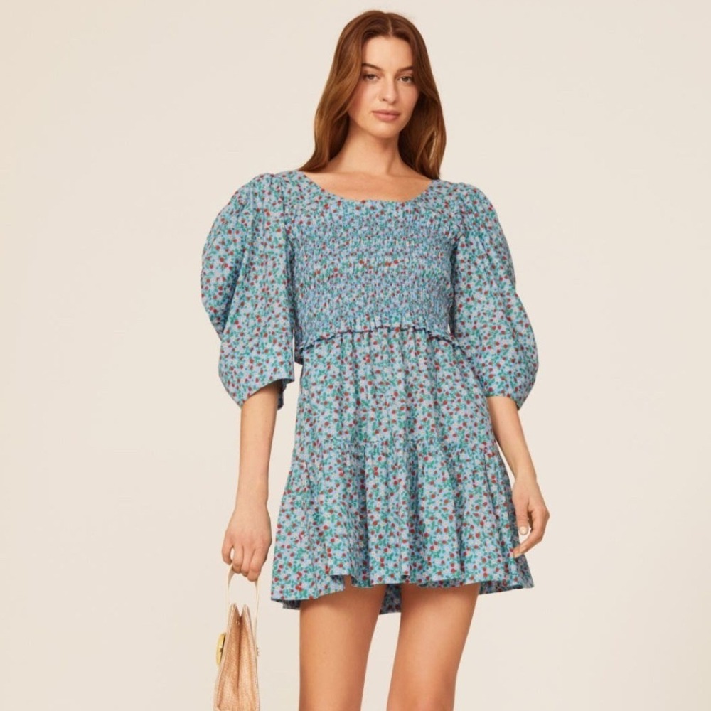 Sea New York Lilly Smocked Dress Blue Floral Strawberry Puff Sleeve Medium